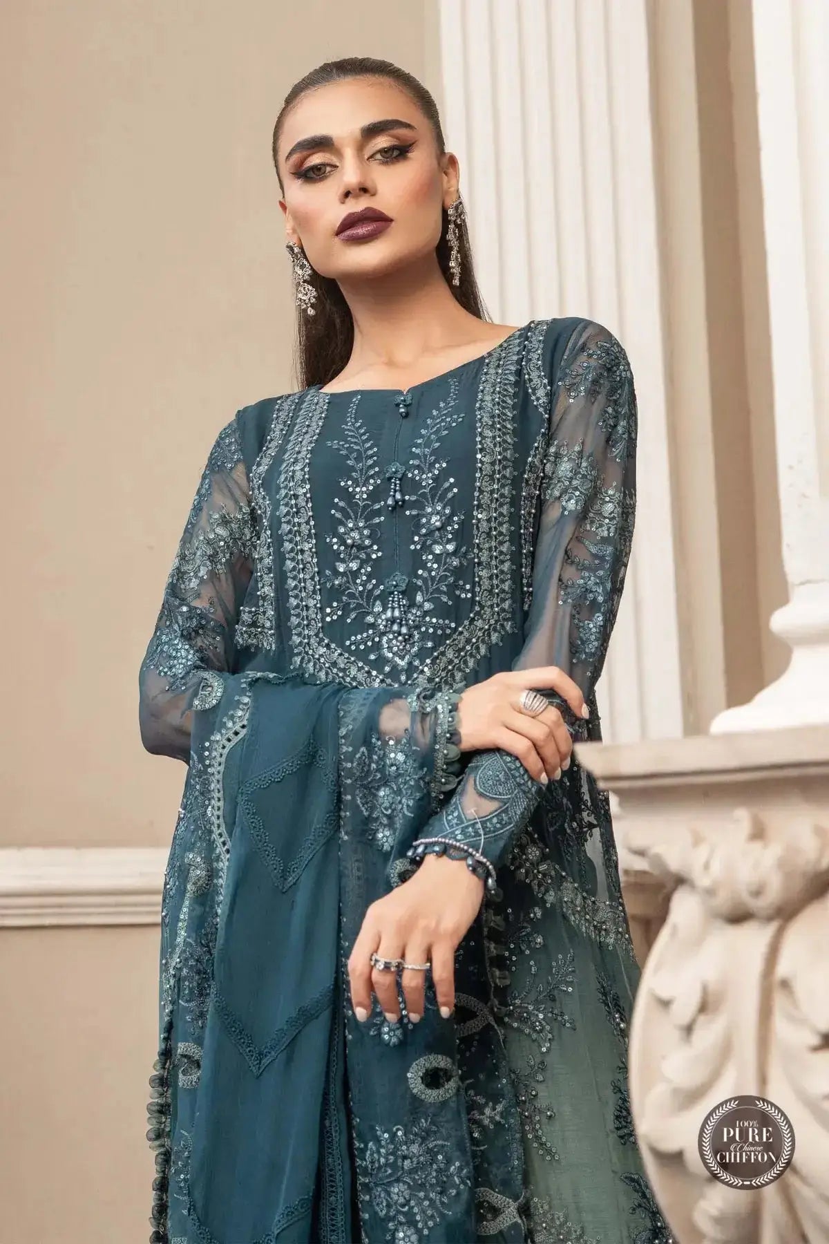 Maria B | Luxury Chiffon Collection | Teal Blue - Pakistani Designer Dress - by Maria B | Type: Formal - 100% Original at Saira Sultan