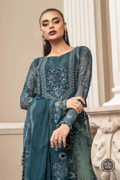 Maria B | Luxury Chiffon Collection | Teal Blue - Pakistani Designer Dress - by Maria B | Type: Formal - 100% Original at Saira Sultan