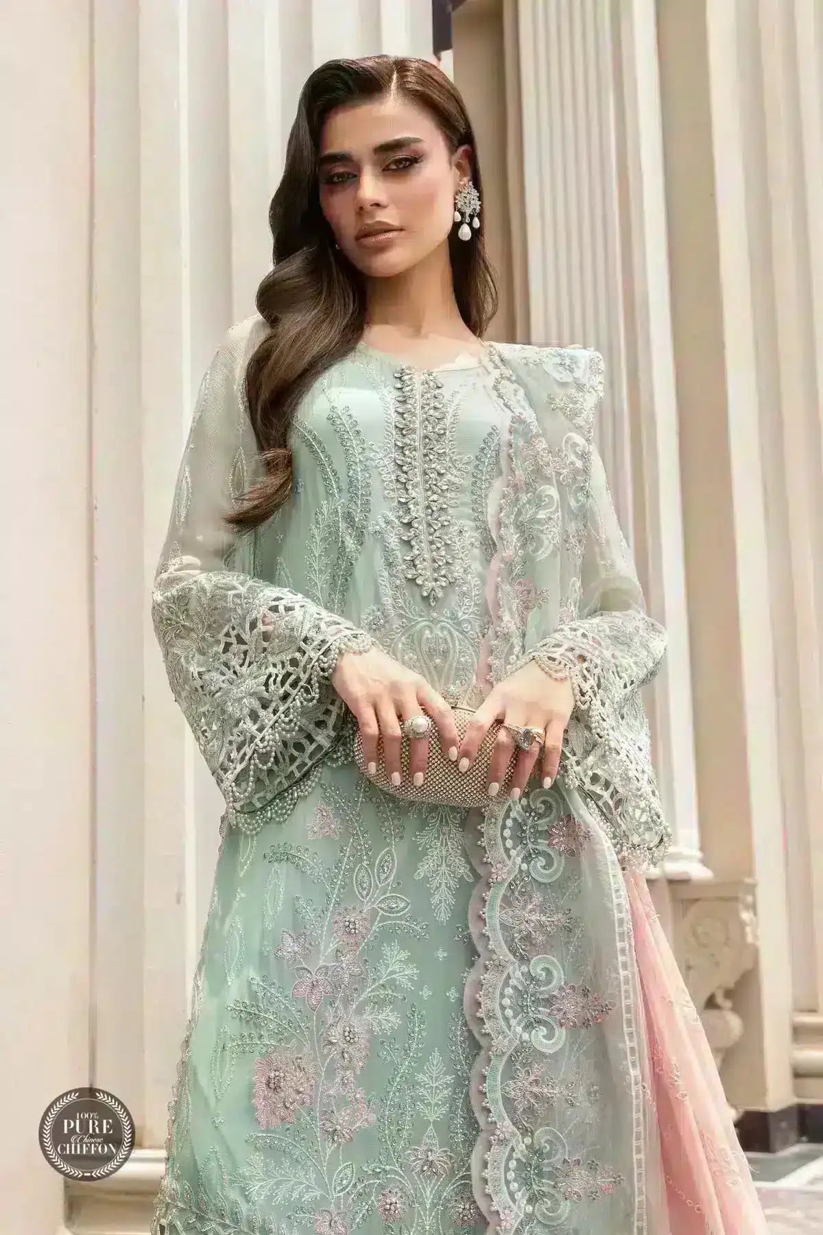 Maria B | Luxury Chiffon Collection | Mint Green - Pakistani Designer Dress - by Maria B | Type: Formal - 100% Original at Saira Sultan