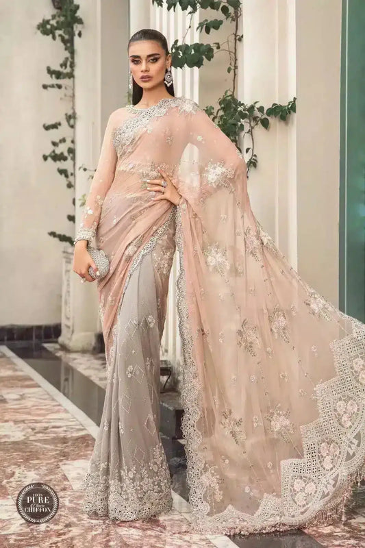 Maria B | Luxury Chiffon Collection | Peach And Grey - Pakistani Designer Dress - by Maria B | Type: Formal - 100% Original at Saira Sultan