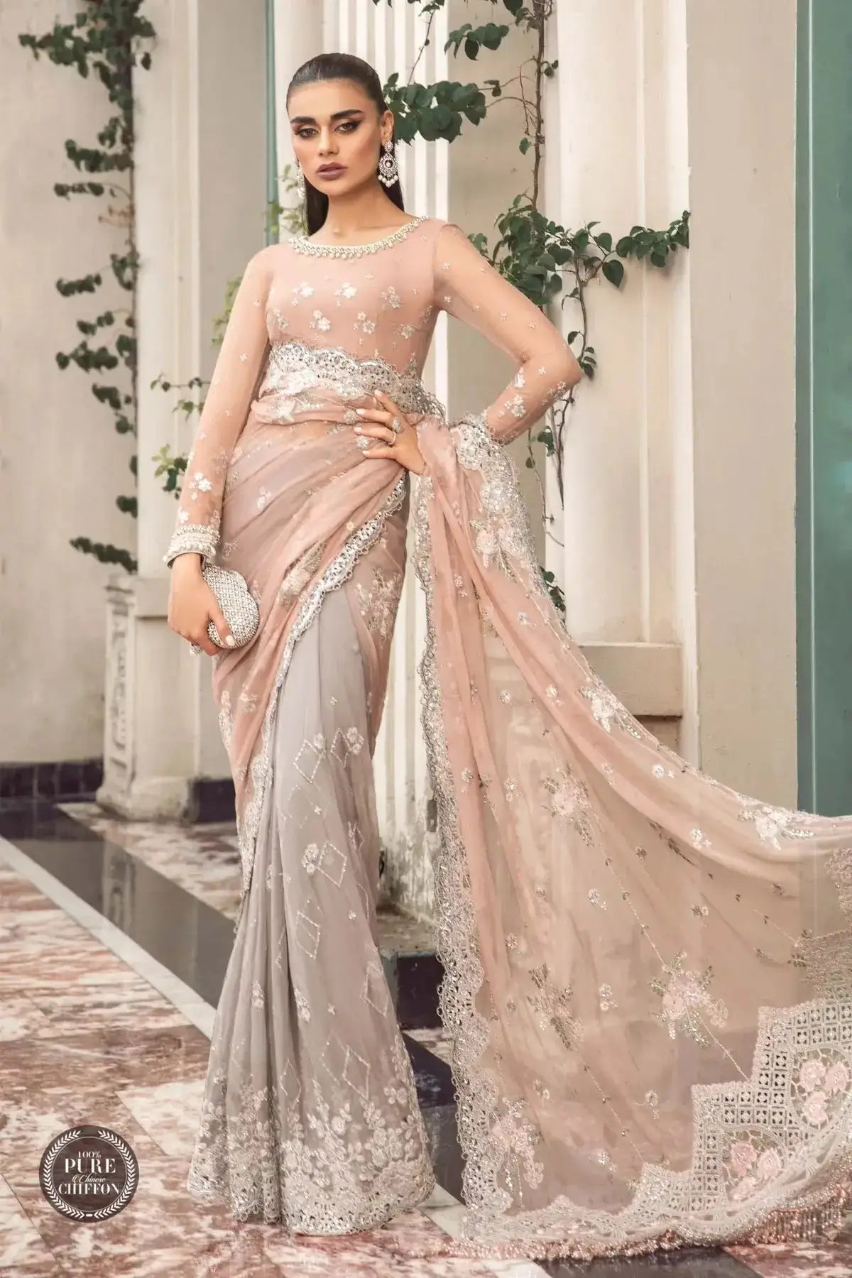 Maria B | Luxury Chiffon Collection | Peach And Grey - Pakistani Designer Dress - by Maria B | Type: Formal - 100% Original at Saira Sultan