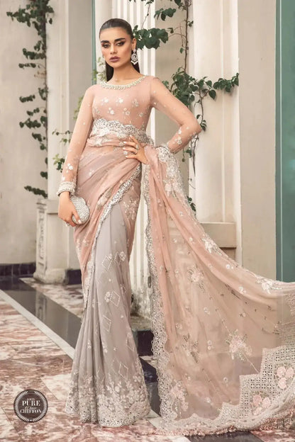 Maria B | Luxury Chiffon Collection | Peach And Grey - Pakistani Designer Dress - by Maria B | Type: Formal - 100% Original at Saira Sultan