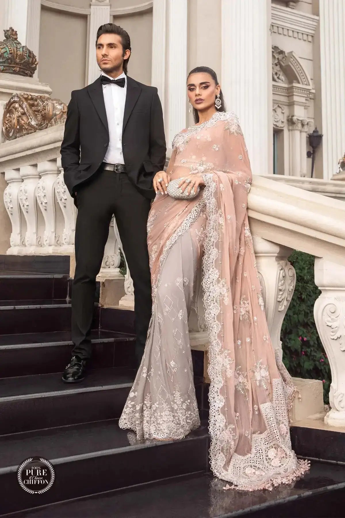 Maria B | Luxury Chiffon Collection | Peach And Grey - Pakistani Designer Dress - by Maria B | Type: Formal - 100% Original at Saira Sultan