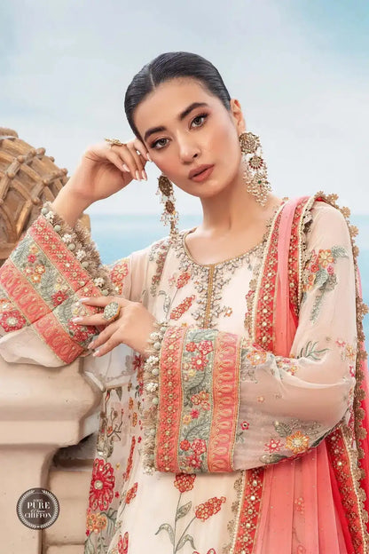 Maria B | Luxury Chiffon Collection | Cloud White Floral - Pakistani Designer Dress - by Maria B | Type: Formal - 100% Original at Saira Sultan