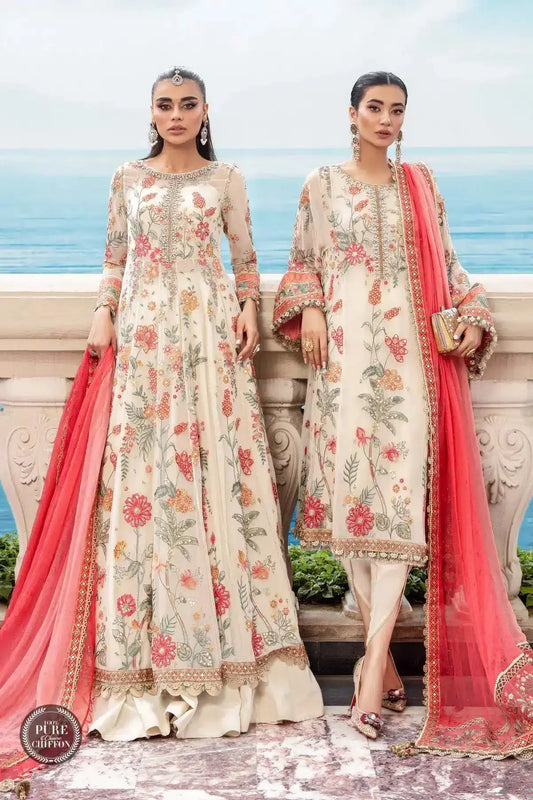 Maria B | Luxury Chiffon Collection | Cloud White Floral - Pakistani Designer Dress - by Maria B | Type: Formal - 100% Original at Saira Sultan