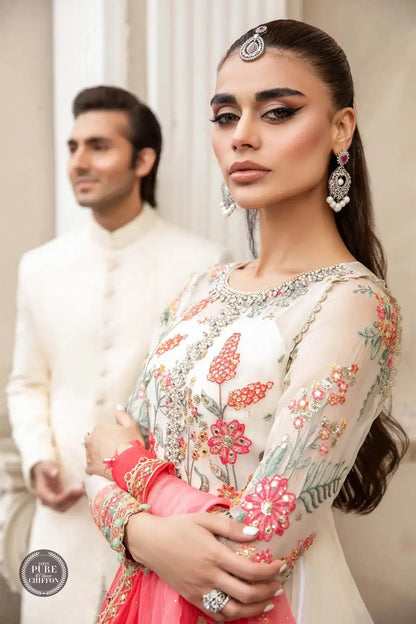 Maria B | Luxury Chiffon Collection | Cloud White Floral - Pakistani Designer Dress - by Maria B | Type: Formal - 100% Original at Saira Sultan