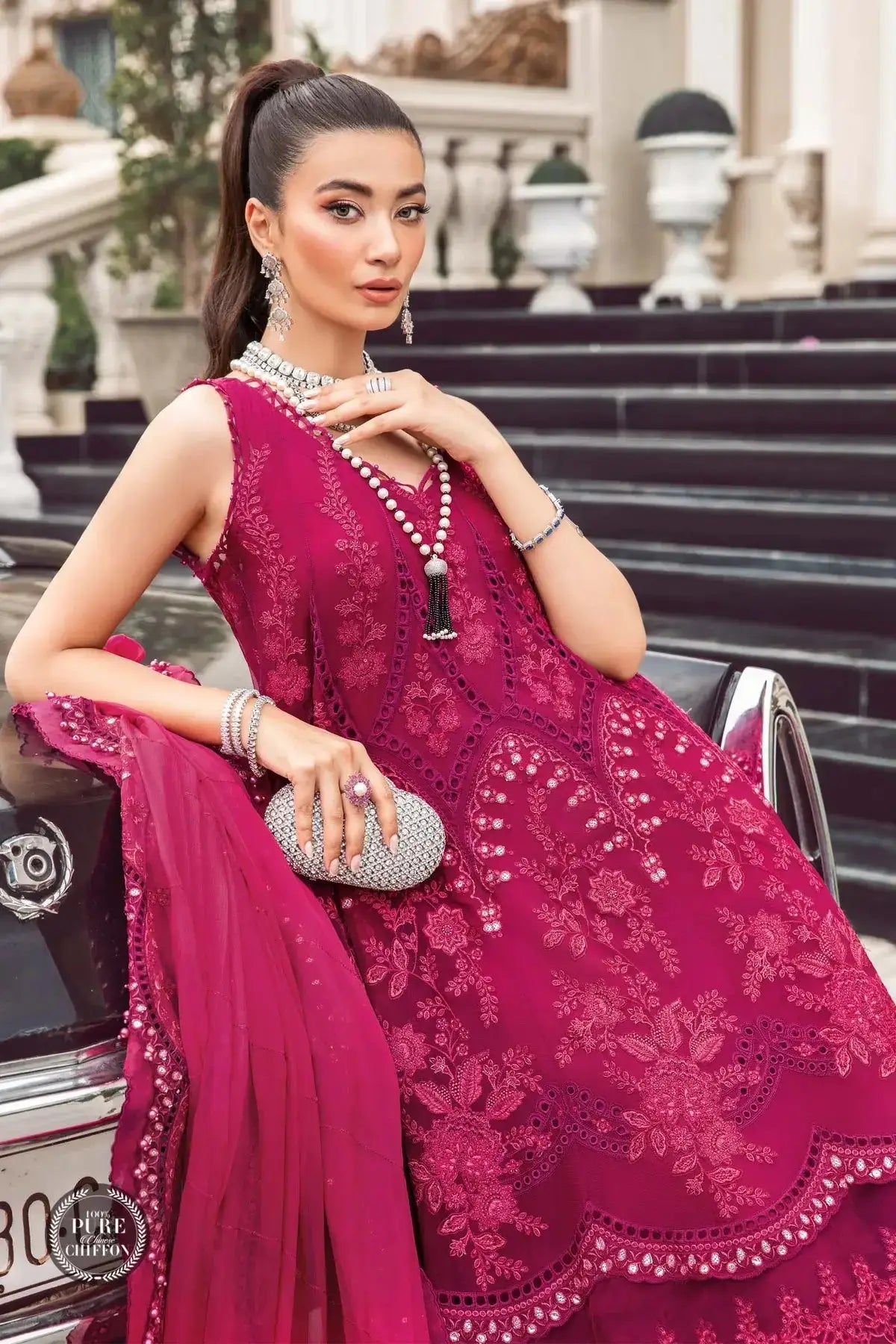 Maria B | Luxury Chiffon Collection | Magenta Pink - Pakistani Designer Dress - by Maria B | Type: Formal - 100% Original at Saira Sultan