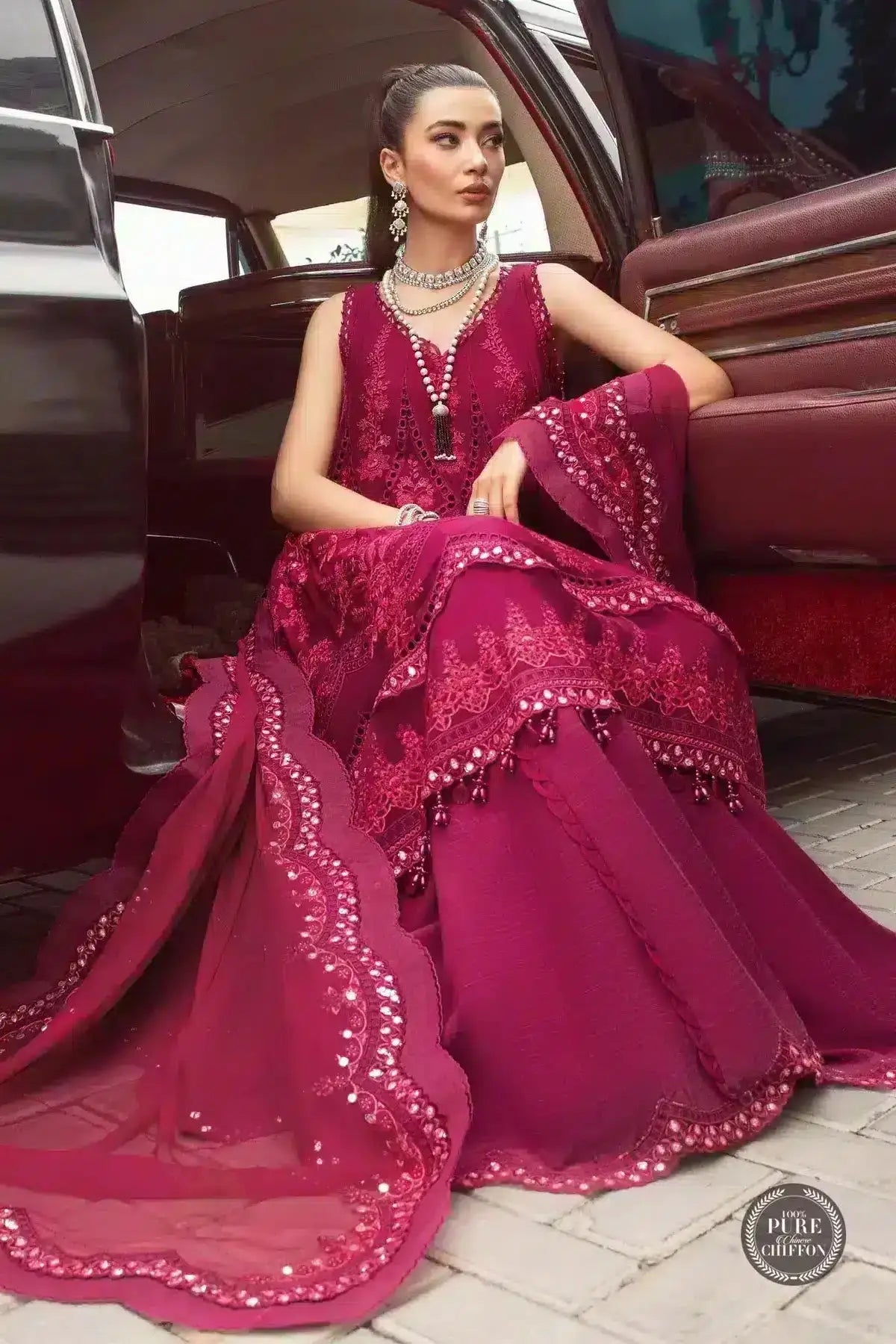 Maria B | Luxury Chiffon Collection | Magenta Pink - Pakistani Designer Dress - by Maria B | Type: Formal - 100% Original at Saira Sultan