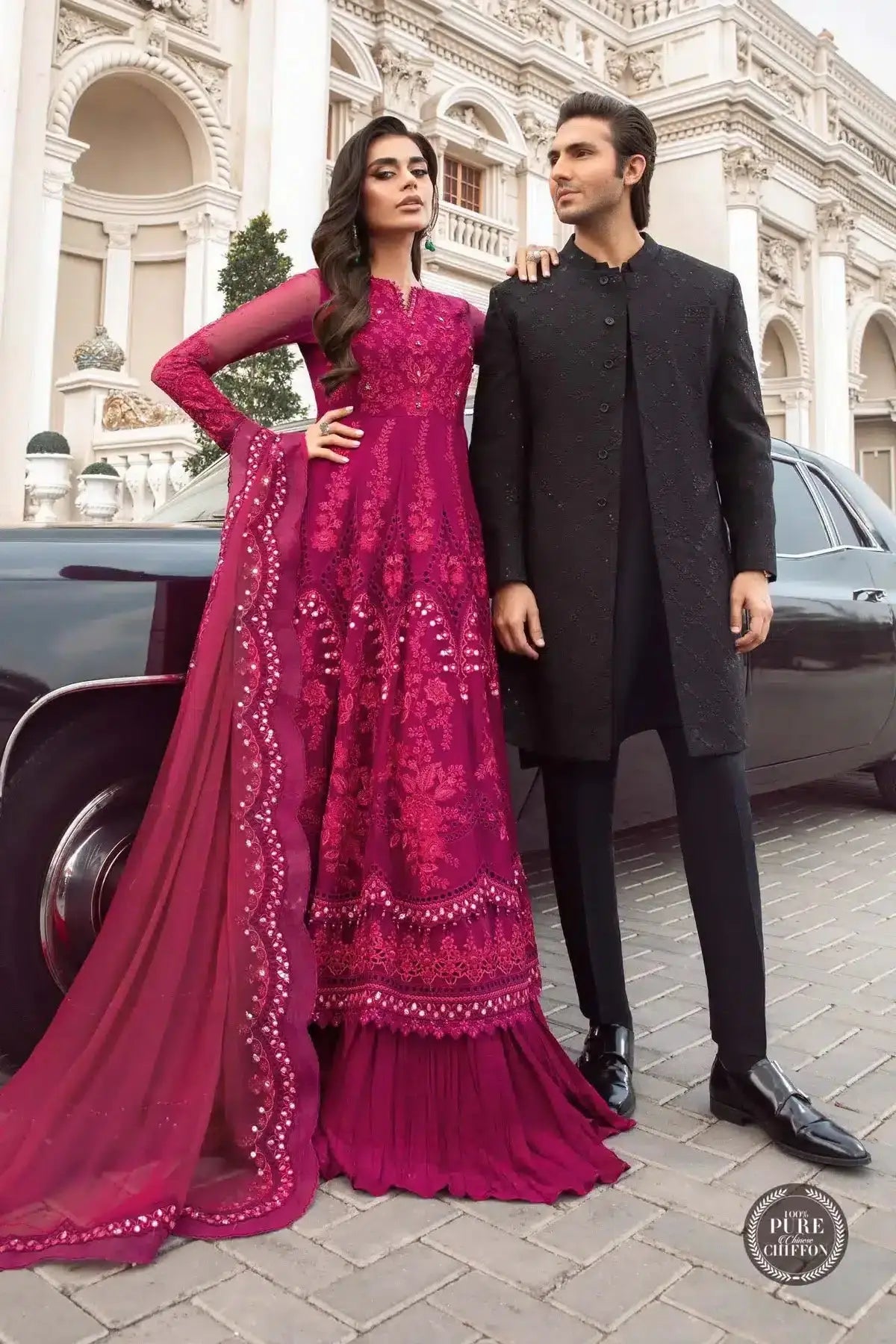 Maria B | Luxury Chiffon Collection | Magenta Pink - Pakistani Designer Dress - by Maria B | Type: Formal - 100% Original at Saira Sultan