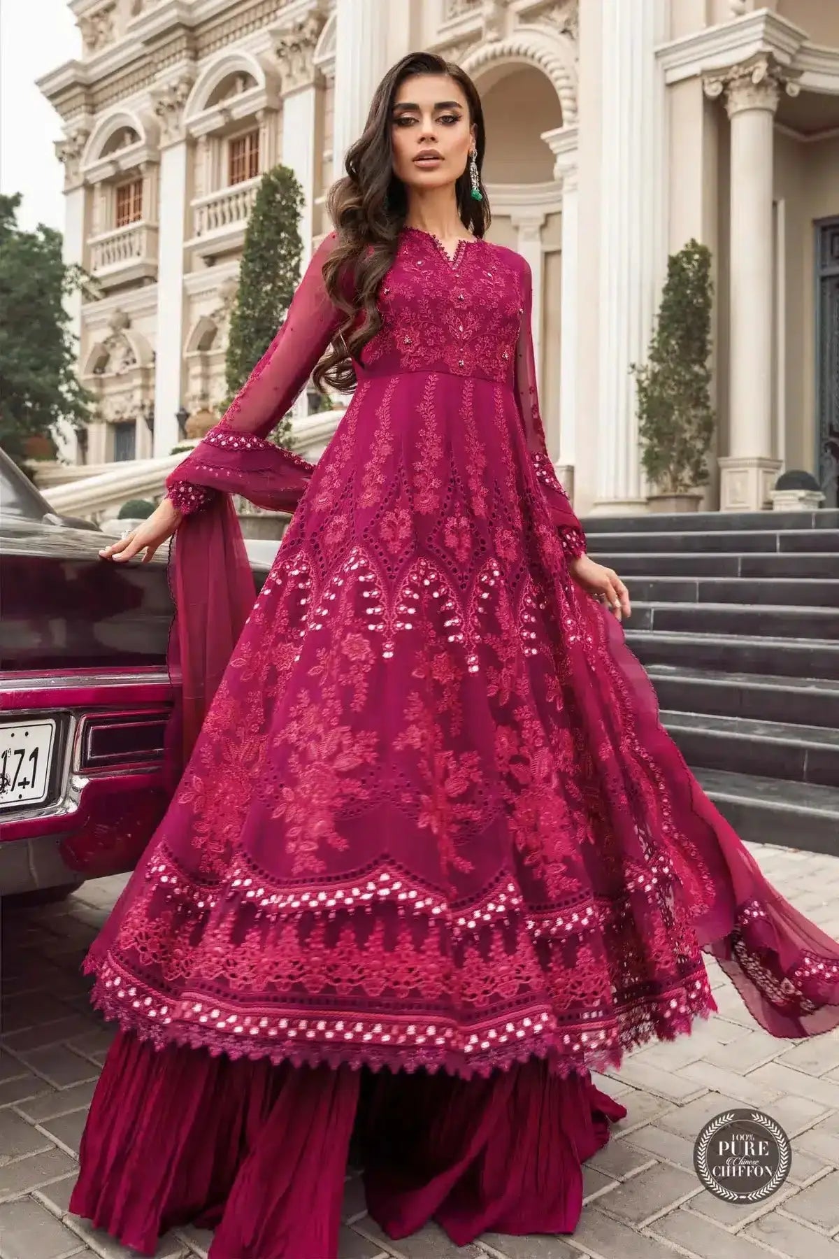 Maria B | Luxury Chiffon Collection | Magenta Pink - Pakistani Designer Dress - by Maria B | Type: Formal - 100% Original at Saira Sultan