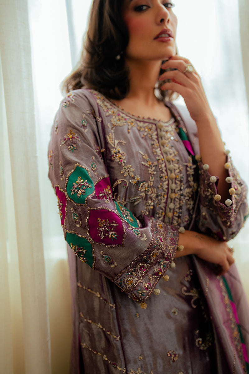 Mushq | Sunehri Resham Edit | AAIDAH L Pinkish Gray Satin Zari
