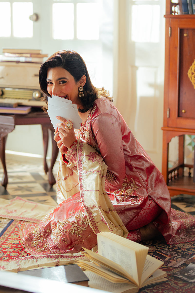 Mushq | Sunehri Resham Edit | MEHER XL Rose Pink Satin Zari