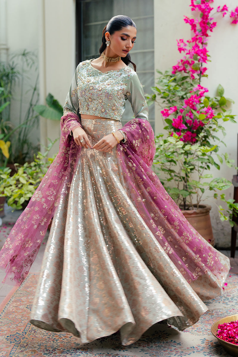 Mushq | Sunehri Resham Edit | ZIMA XL Mint Green Satin Zari