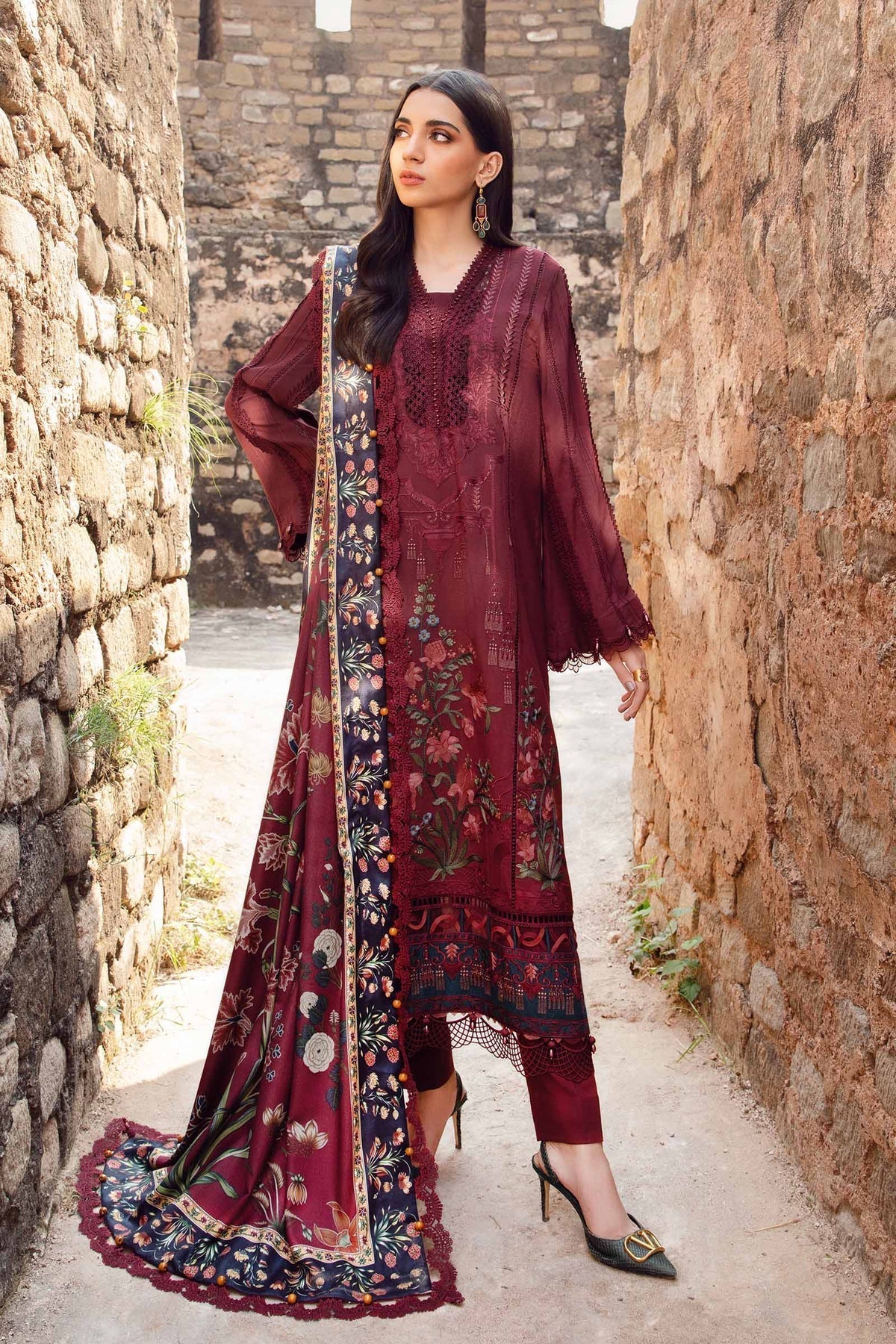 Maria B | M Prints Winter 24 | MPT-2401-B M Maroon Linen