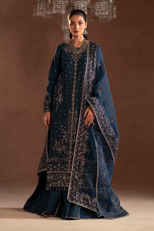 Emaan Adeel | Selene Formals | ELISIA XS Navy Blue Korean Raw Silk