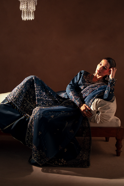 Emaan Adeel | Selene Formals | ELISIA Custom Size Navy Blue Korean Raw Silk