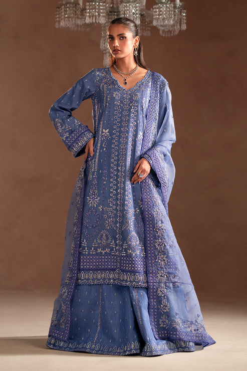 Emaan Adeel | Selene Formals | LUNELLE XS Blue Gray Korean Raw Silk
