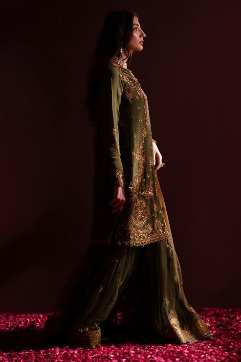 Emaan Adeel | Nooresha Formals 25 | Sunoora Custom Size Olive Green Chiffon