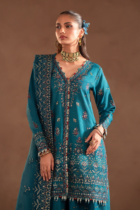 Emaan Adeel | Selene Formals | MIRELLE L Teal Blue Korean Raw Silk