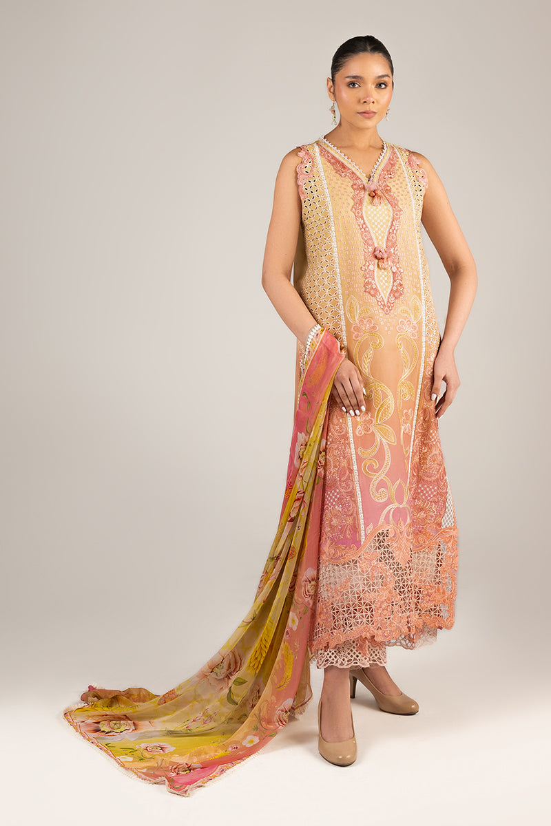 Mushq | Manaram Luxury Lawn 25 | Tranquil Spark L Powder Peach Lawn