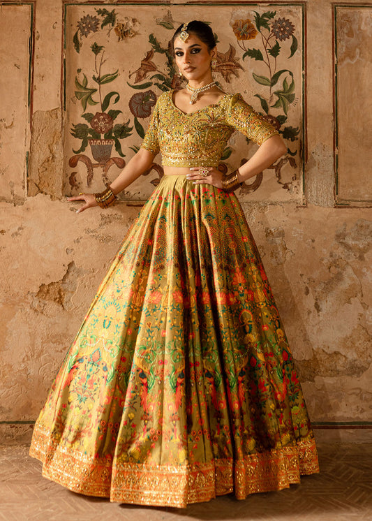 Maria Osama Khan | Khawabeedah Wedding Formals | ishmal XS Mehndi Green Grip Silk