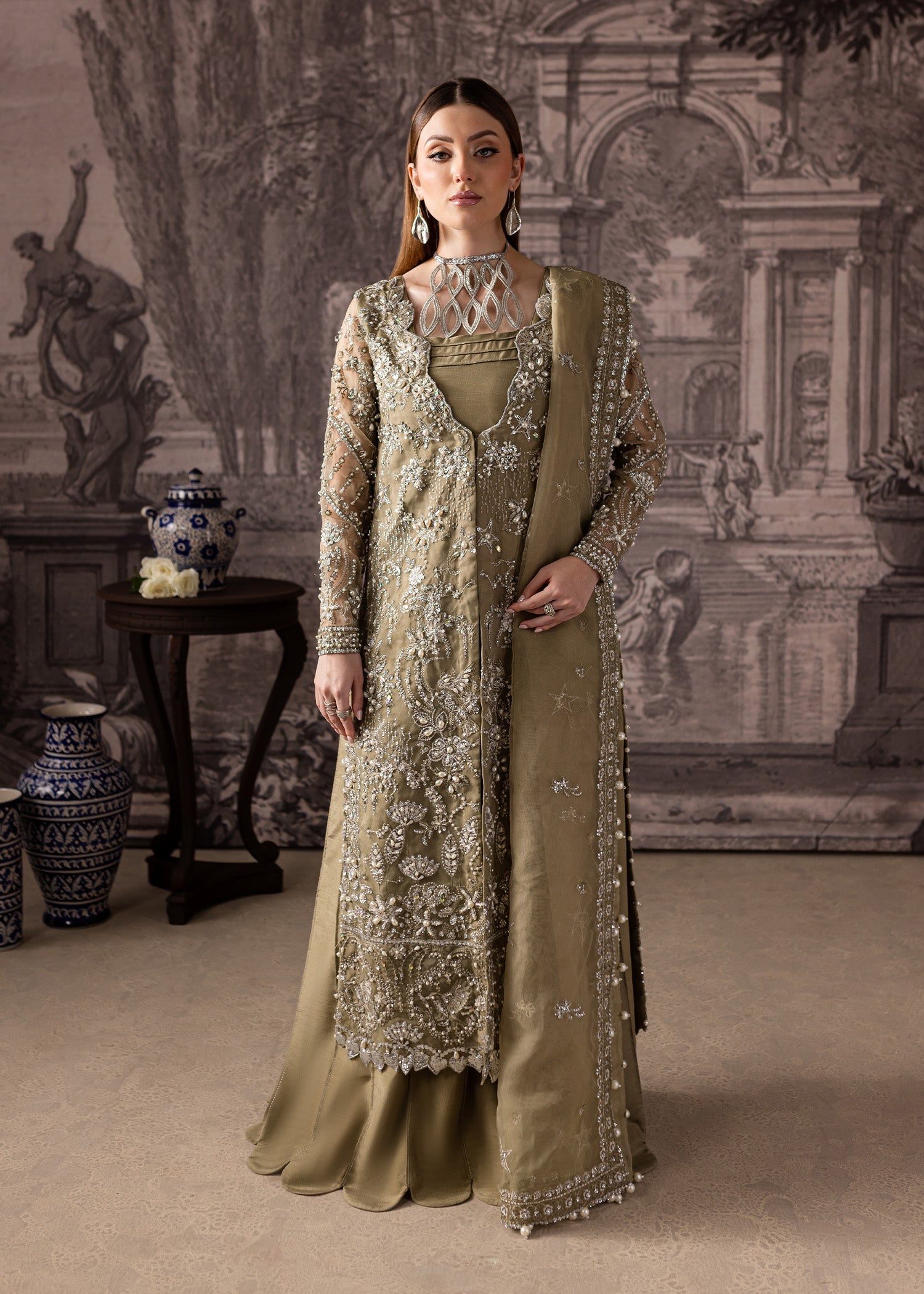 Maria Osama Khan | Mystara Wedding Festive | Oraya XS Coral Gold Organza
