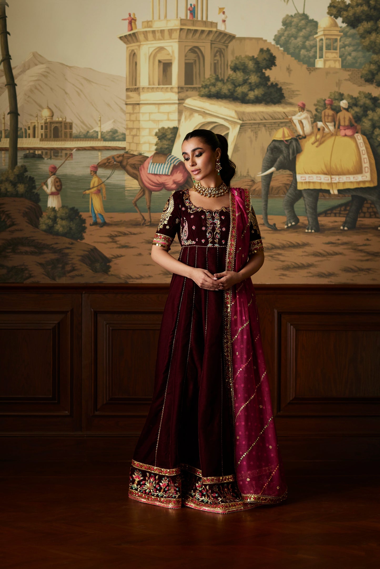 Mina Hassan | Velvet Luxe | Daaniya XS Maroon Velvet