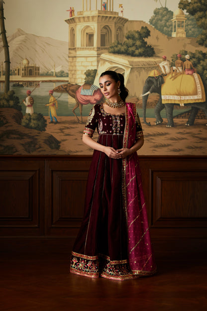 Mina Hassan | Velvet Luxe | Daaniya XS Maroon Velvet