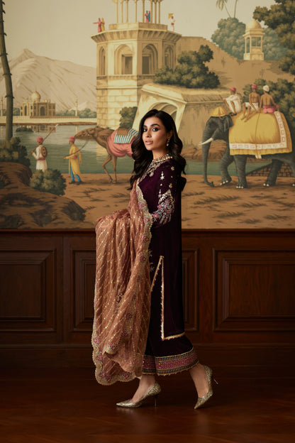 Mina Hassan | Velvet Luxe | Ayesha M Maroon Velvet