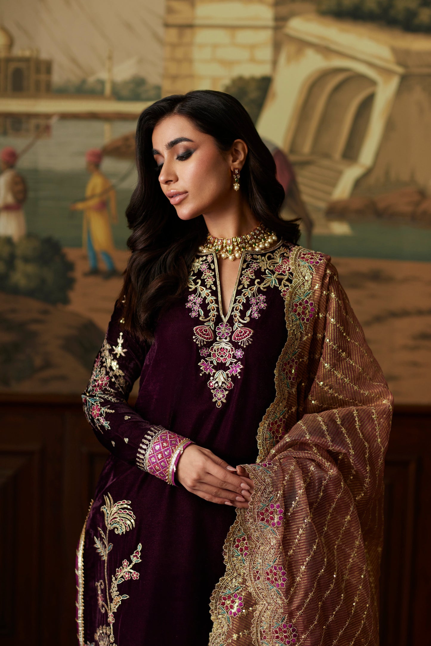 Mina Hassan | Velvet Luxe | Ayesha XL Maroon Velvet