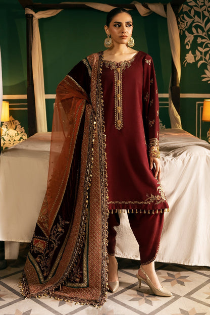 Mina Kashif | Meeral Formals 24 | Ishaal XS Dark Maroon Velvet