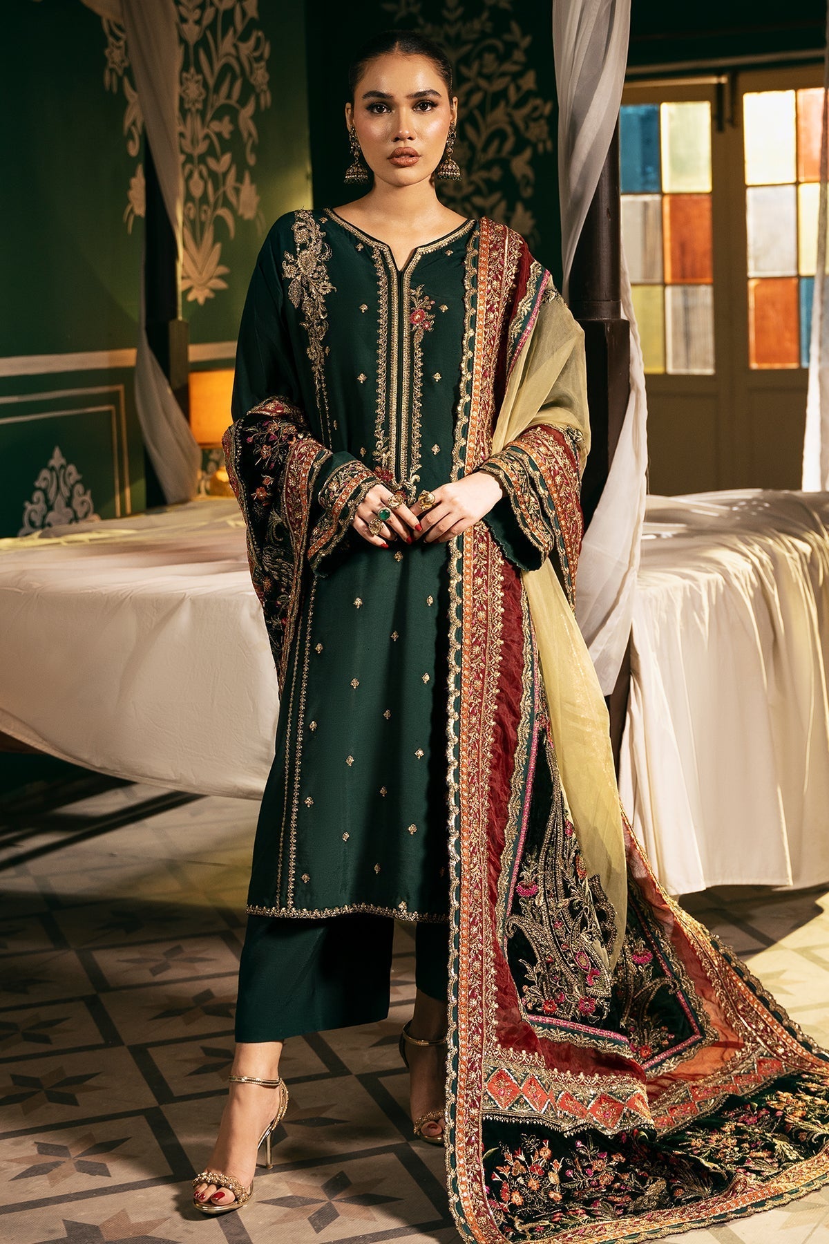 Mina Kashif | Meeral Formals 24 | Nazeen XS Bottle Green Raw Silk