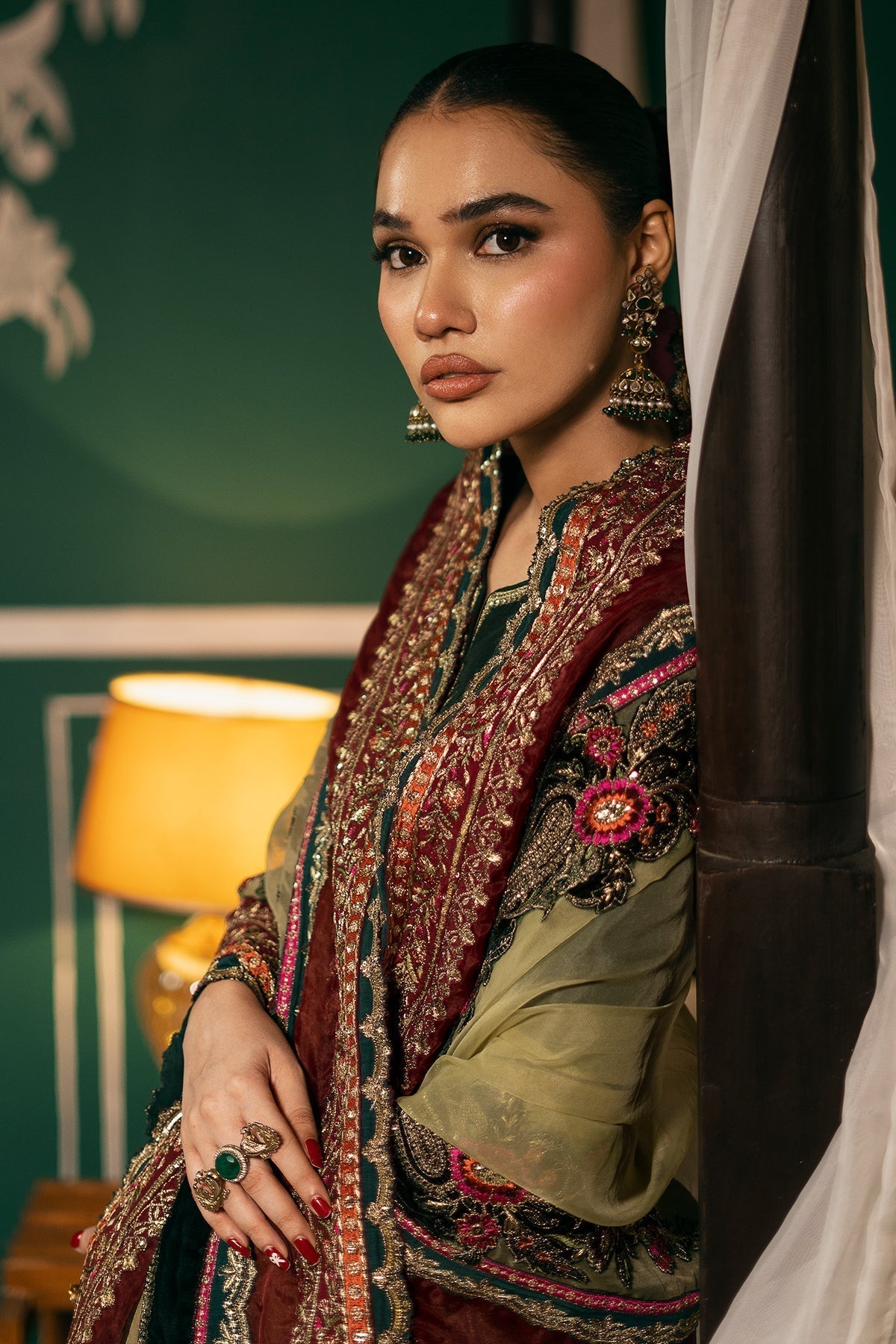 Mina Kashif | Meeral Formals 24 | Nazeen S Bottle Green Raw Silk
