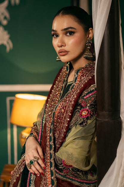 Mina Kashif | Meeral Formals 24 | Nazeen S Bottle Green Raw Silk
