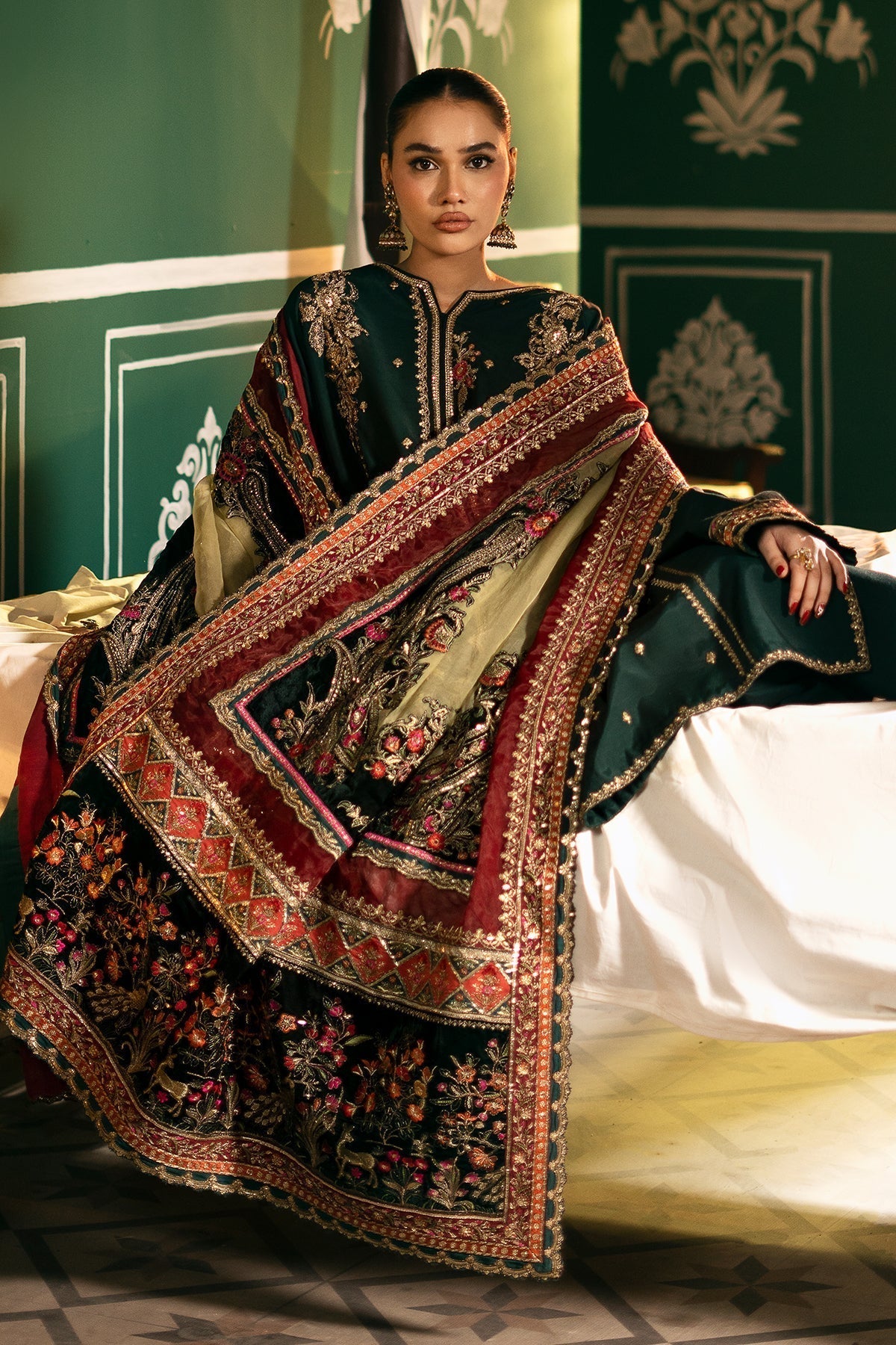 Mina Kashif | Meeral Formals 24 | Nazeen M Bottle Green Raw Silk