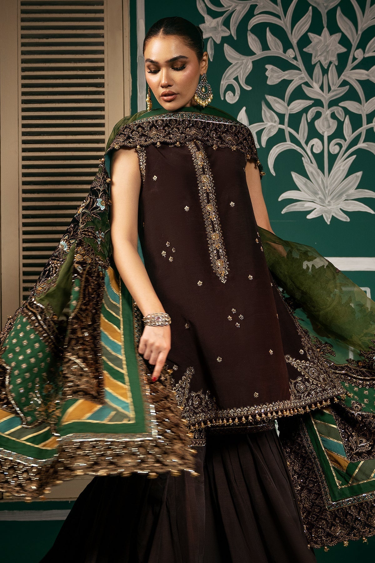 Mina Kashif | Meeral Formals 24 | Eshana S Chocolate Brown Raw Silk