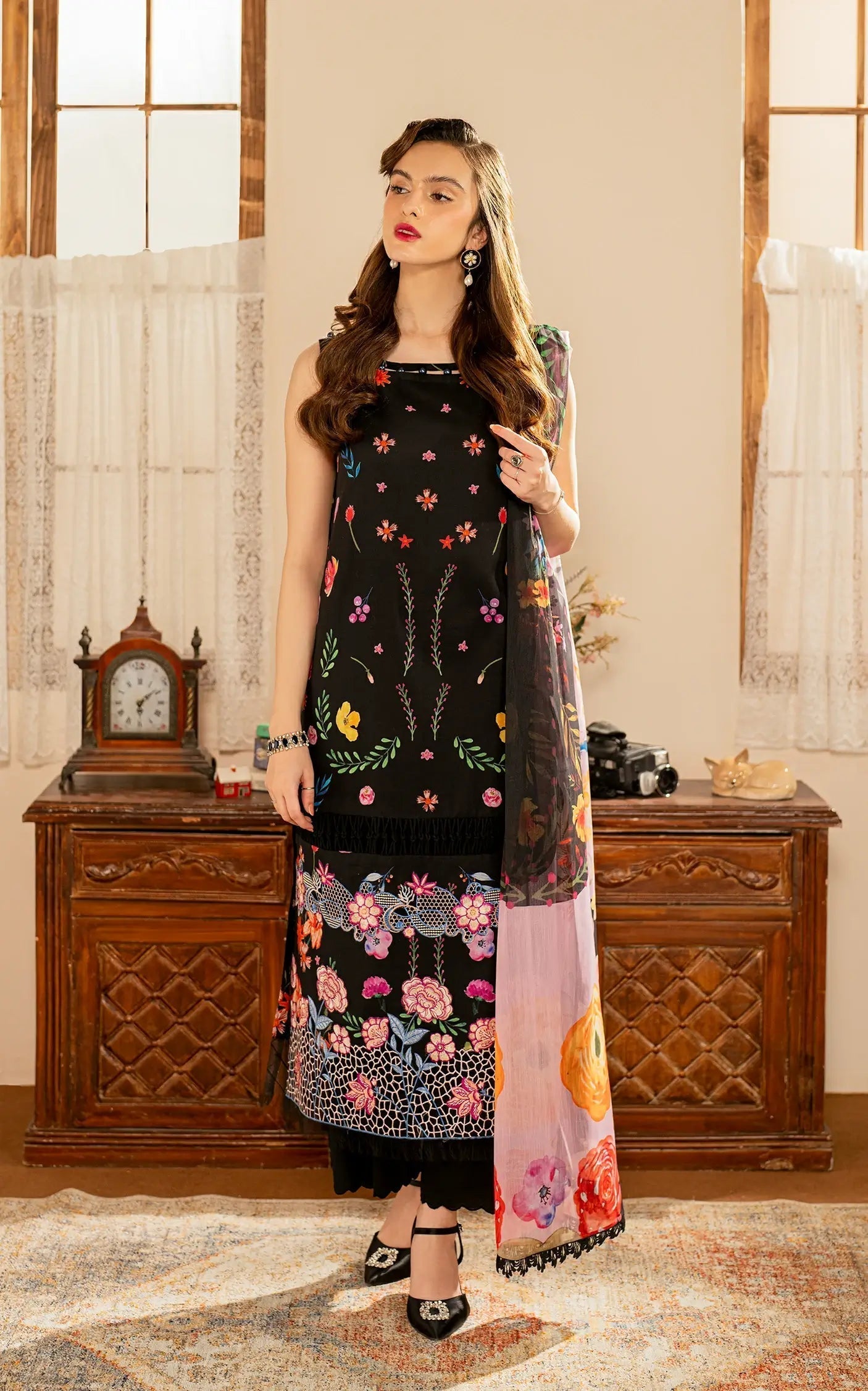 Asifa and Nabeel | Meraki Vintage 25 | Morbagh (MVL25-08) Custom Size Black Lawn