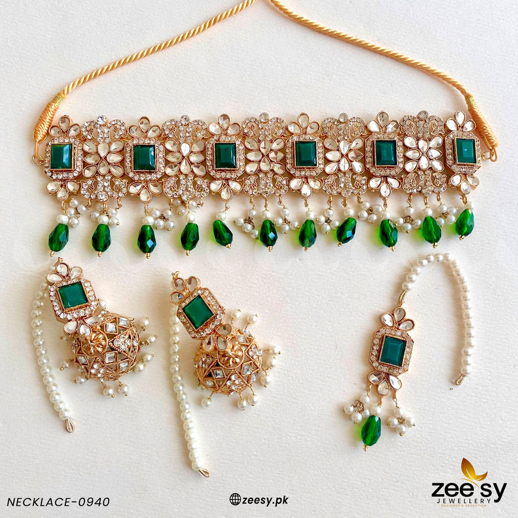 Necklace Set-0940 Golden Green