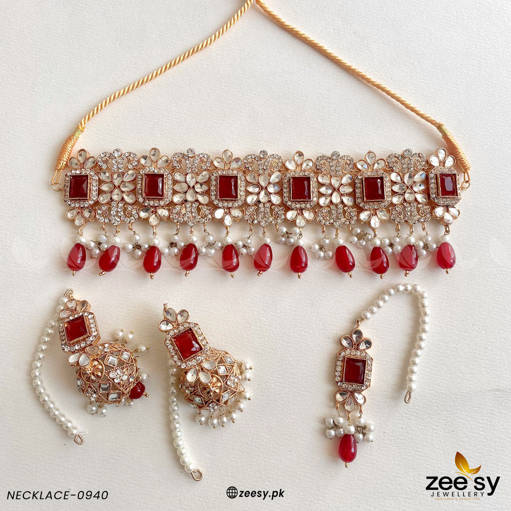 Necklace Set-0940 Golden Red