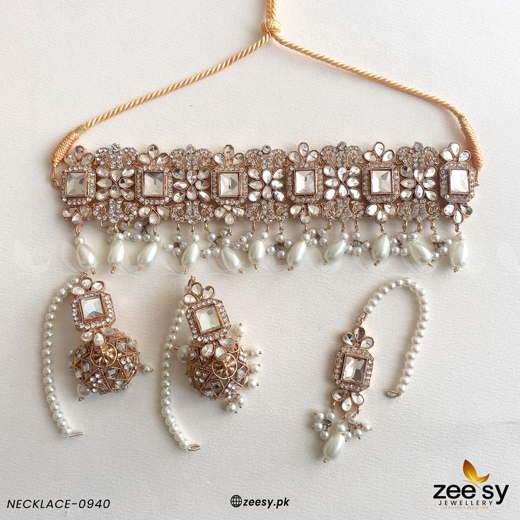 Necklace Set-0940 Golden White
