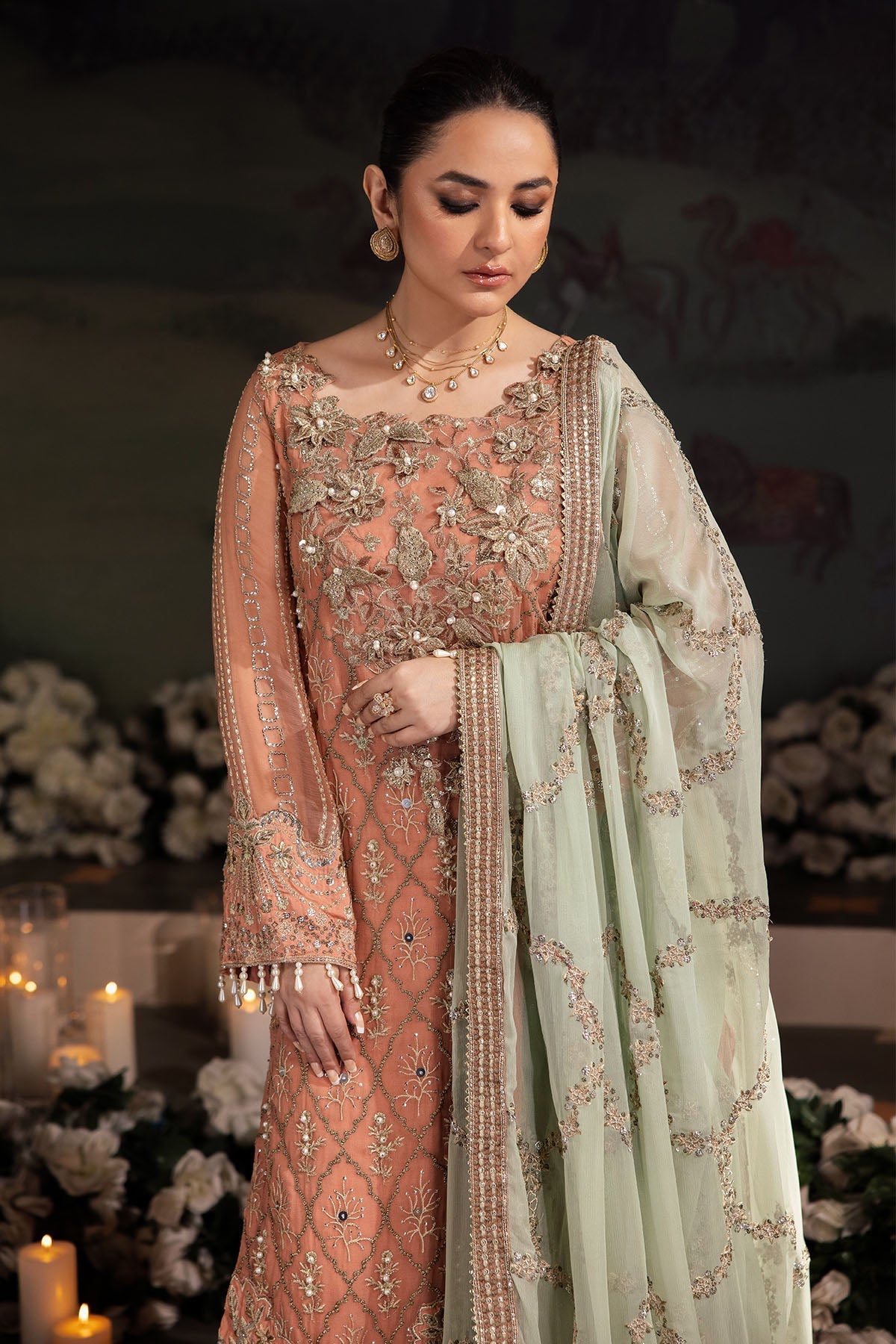 Nureh | Alfaaz Formals | NL-79 MEHAR M Peach Pink Chiffon