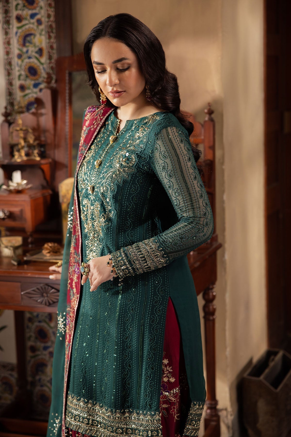 Nureh | Alfaaz Formals | NL-74 MAHROO L Deep Green Chiffon