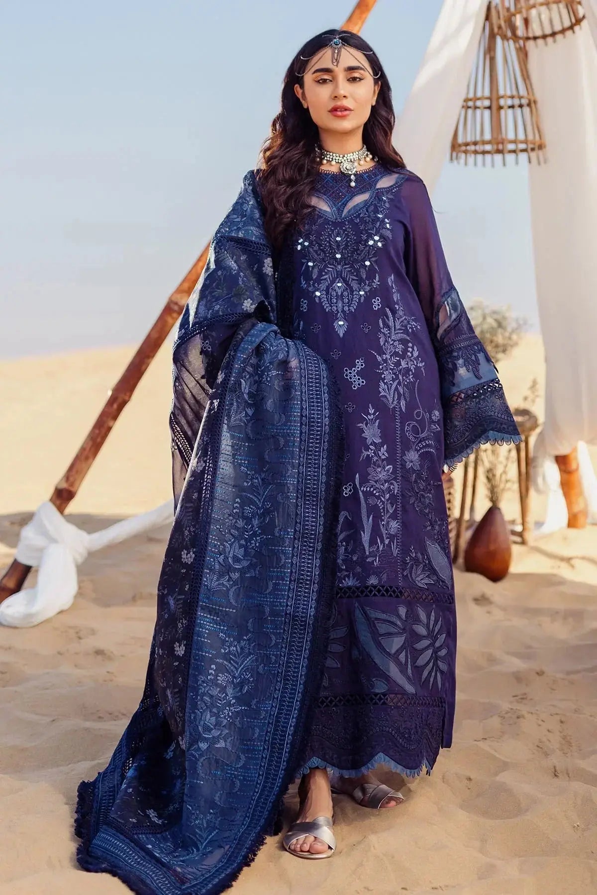 Nureh | Sehra Swiss Voil Lawn | NILE BLUE - NE-77 - Pakistani Designer Dress - by Nureh | Type: Luxury - 100% Original at Saira Sultan
