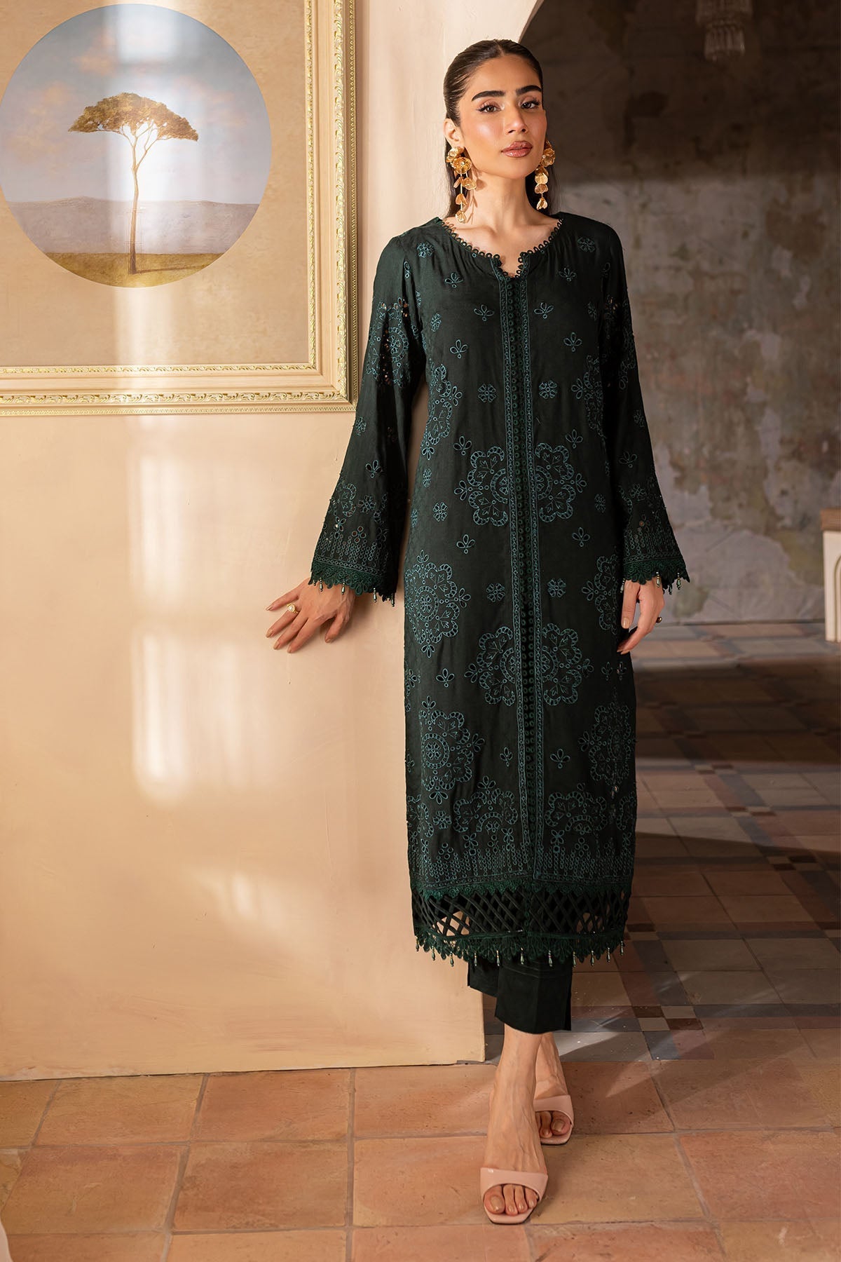 Nureh | Shades of Winter | NP-584 XS Bottle Green Linen Jacquard