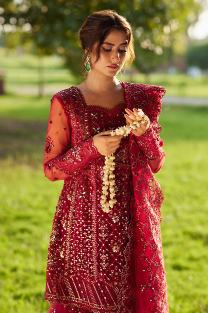 Qalamkar | Shadmani Luxury Formals | Nurah SH-07 M Haute Red Net
