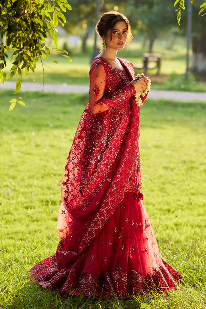 Qalamkar | Shadmani Luxury Formals | Nurah SH-07 XL Haute Red Net