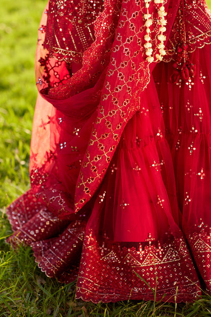 Qalamkar | Shadmani Luxury Formals | Nurah SH-07 L Haute Red Net
