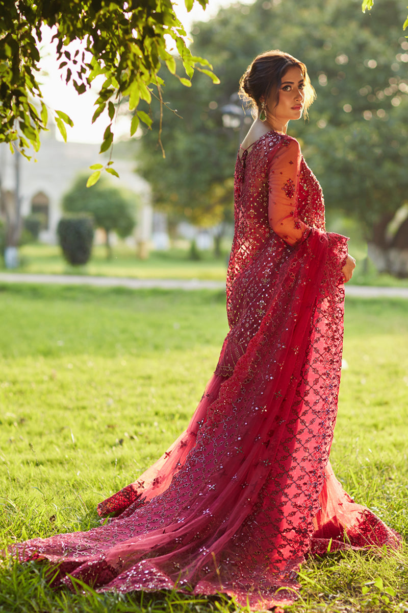 Qalamkar | Shadmani Luxury Formals | Nurah SH-07 S Haute Red Net