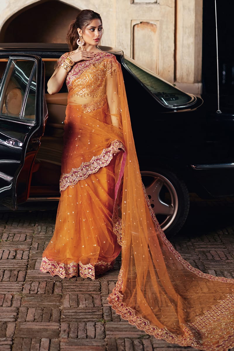Qalamkar | Shadmani Luxury Formals | Raniya SH-02 XS Orange Khaadi Net Canvas