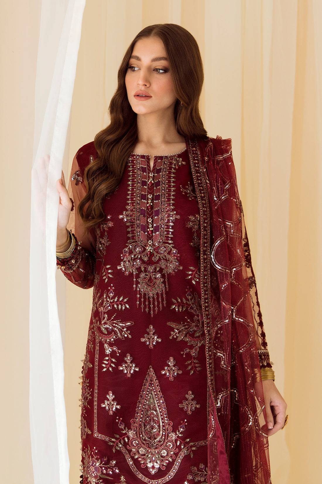 Alizeh | Formals Collection | Embroidered Net Maroon - V14D08 - Raya - Pakistani Designer Dress - by Alizeh | Type: Formal - 100% Original at Saira Sultan